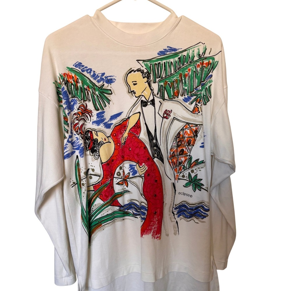 Vintage Eclipse by Brenda Lim Graphic T-Shirt Long Sleeve Rhinestone White OSFA